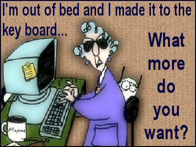 A cartoon of an old lady using her computer.