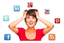A woman holding her head with social media icons around it.