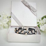 Black leather bracelet silver beads in gift box