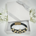 Leather Bracelet Black with Gold Beads in Gift Box