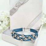 Leather Bracelet Dark Blue Silver Beads - gift box