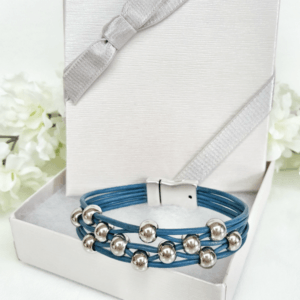 Leather Bracelet Dark Blue with Silver Beads in gift box
