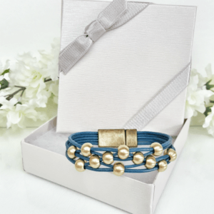 Leather Bracelet Dark Blue with Gold Beads in gift box