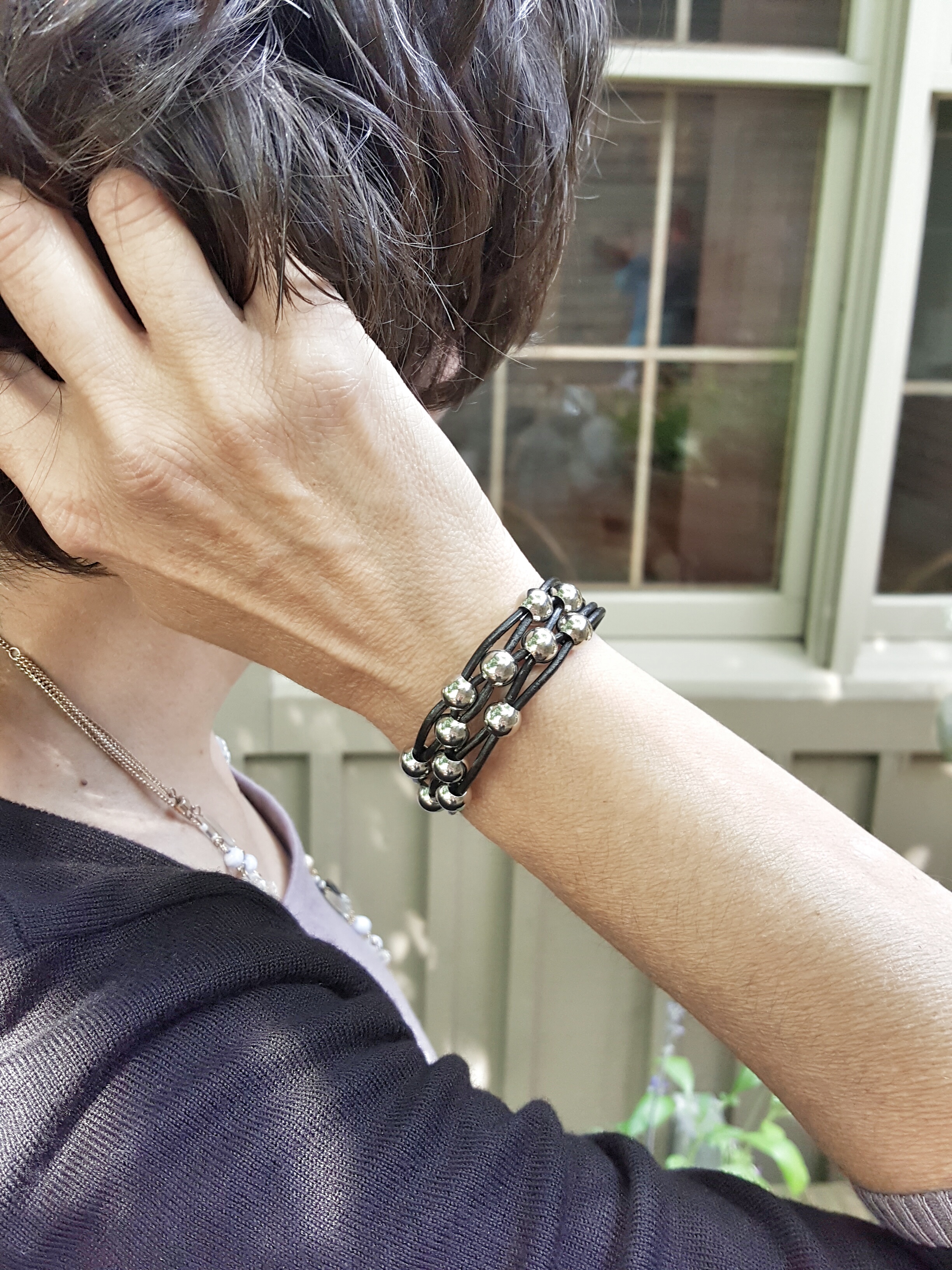 Gift For Her Beaded Wrap Leather Bracelet for Women Black And Silver 