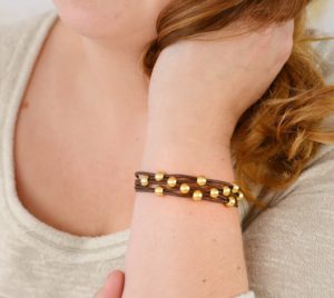 Brown Leather Bracelet with Gold Beads and Magnetic Clasp for women