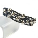 Black Leather Beaded Bracelet Silver Beads close up