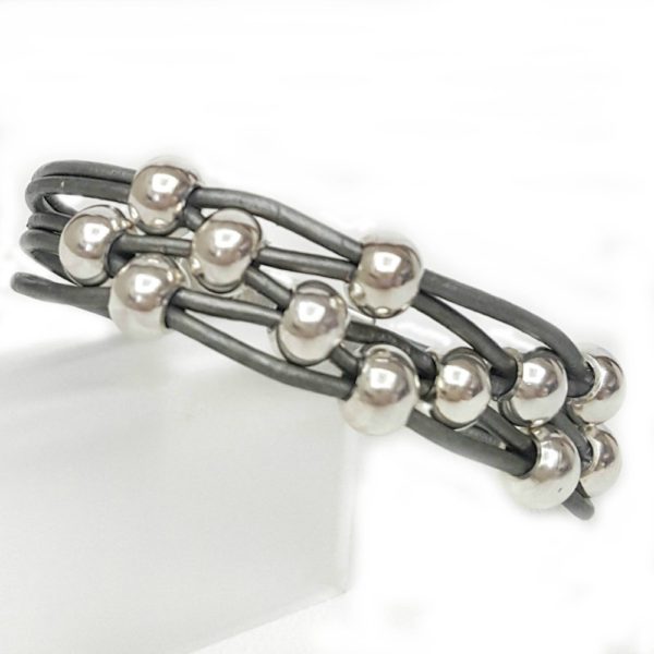 Gray Leather Beaded Bracelet Silver Beads