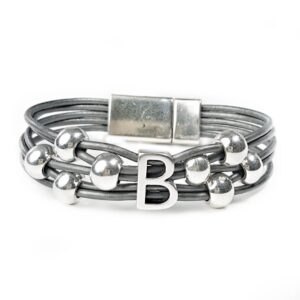 Grey leather initial bracelet with silver initial and beads