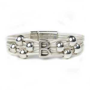 White leather initial bracelet with silver initial B and beads