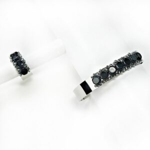 Adjustable jewelry set silver bracelet and ring beaded with jet black beads.