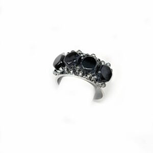 Adjustable size silver ring with black Czech glass beads.