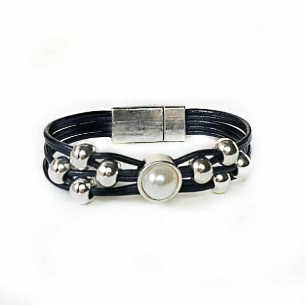 A black leather bracelet with silver beads and pearls.
