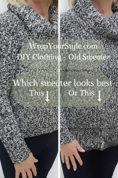 Woman showing DIY Clothing Sweater before and after
