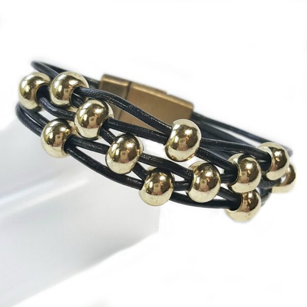 Black Leather Womens Bracelet with gold beads and magnetic clasp