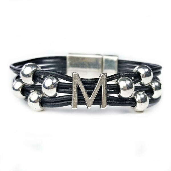 Grey Leather Bracelet Initial M silver