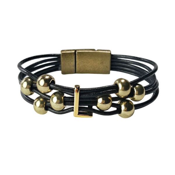 Gold Initial L Bracelet Black Leather