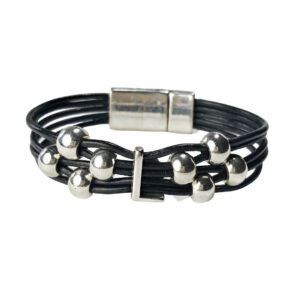 A black leather bracelet with silver beads and an adjustable clasp.