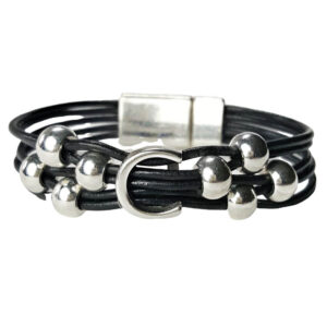 Black leather with silver C and beads.