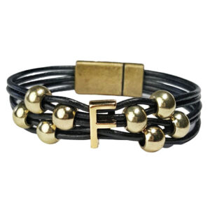 Initial Bracelet F with Black Leather