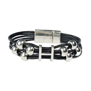 A black leather bracelet with silver beads and an aluminum clasp.