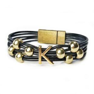 Gold Initial K Bracelet Black Leather