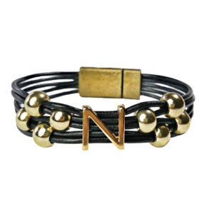 Black Leather Bracelet gold initial N