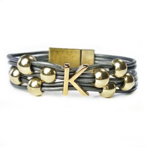 Grey Leather Bracelet Initial K Gold