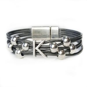 Grey Leather Silver Initial K Bracelet