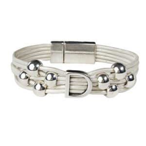 A white leather bracelet with silver beads and a metal buckle.