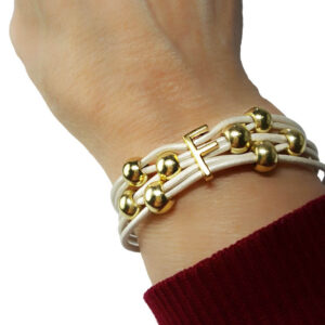 White leather bracelet initial F Gold