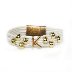 White Leather Bracelet Initial K Gold