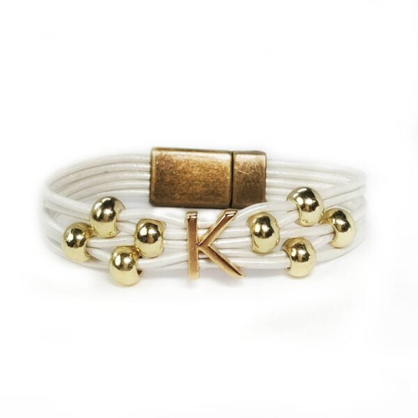 White Leather Bracelet Initial K Gold