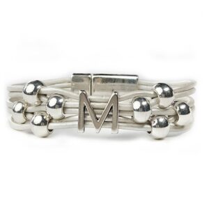 Personalized white leather bracelet initial M