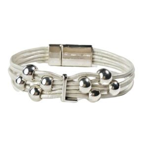 A white leather bracelet with silver beads and magnetic clasp.