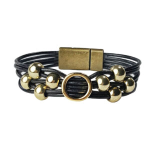 Black Leather Bracelet Initial O gold