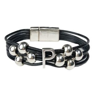 A black leather bracelet with silver beads and an initial.