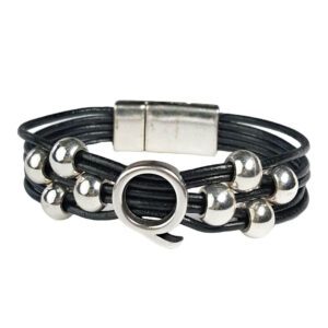 A black leather bracelet with silver beads and an opening.