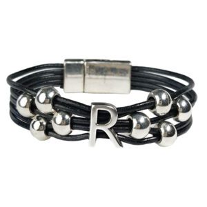 A black leather bracelet with silver beads and an initial.