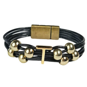 Black Leather Bracelet Gold Initial T