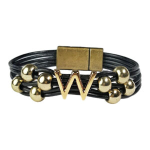 Black Leather Bracelet Gold Initial W