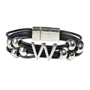 Black Leather Bracelet Silver Initial W