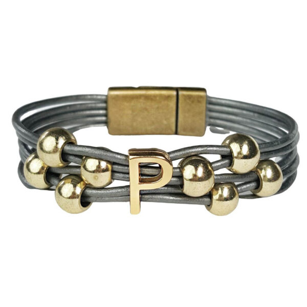 Grey Leather Bracelet Initial P gold