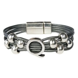 A leather bracelet with silver beads and an opening.