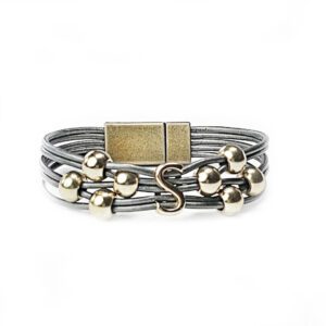 A gray and gold bracelet with a metal clasp.