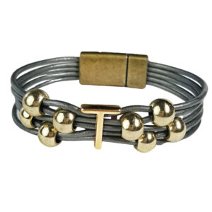 Grey Leather Bracelet Gold Initial T