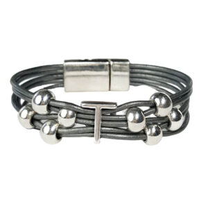 Grey Leather Bracelet Silver Initial T
