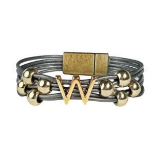 Grey Leather Bracelet Gold Initial W