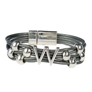 Grey Leather Bracelet Silver Initial W