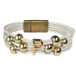 A white leather bracelet with gold beads and an initial.