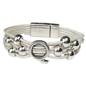 A white leather bracelet with silver beads and an opening.